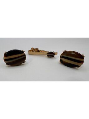 Vintage Swank Glass Cufflinks Tie Bar Set Brown Striped Gold Tone Mid Century